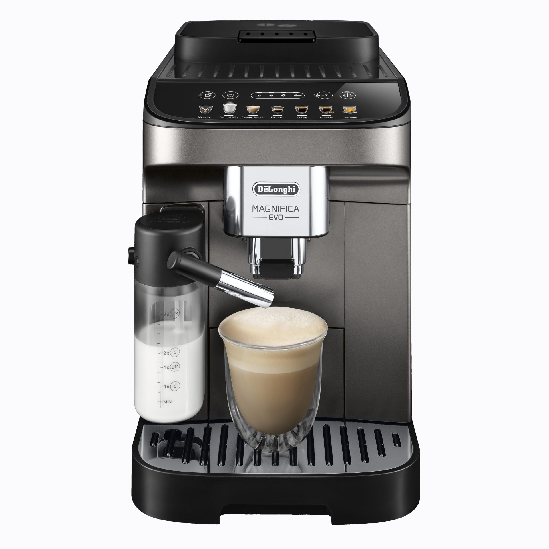 De'Longhi Magnifica Evo front shot with milk frother and cappuccino cup
