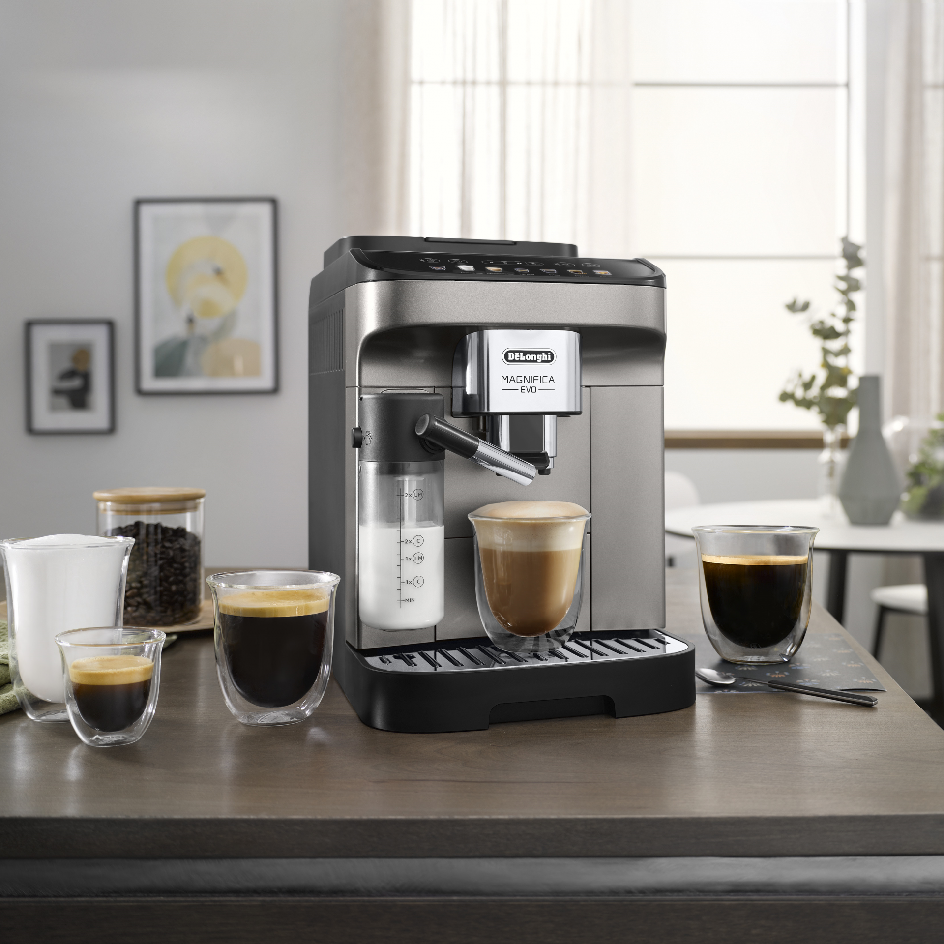 De'Longhi Magnifica Evo automatic espresso machine in kitchen with cappuccino and long black